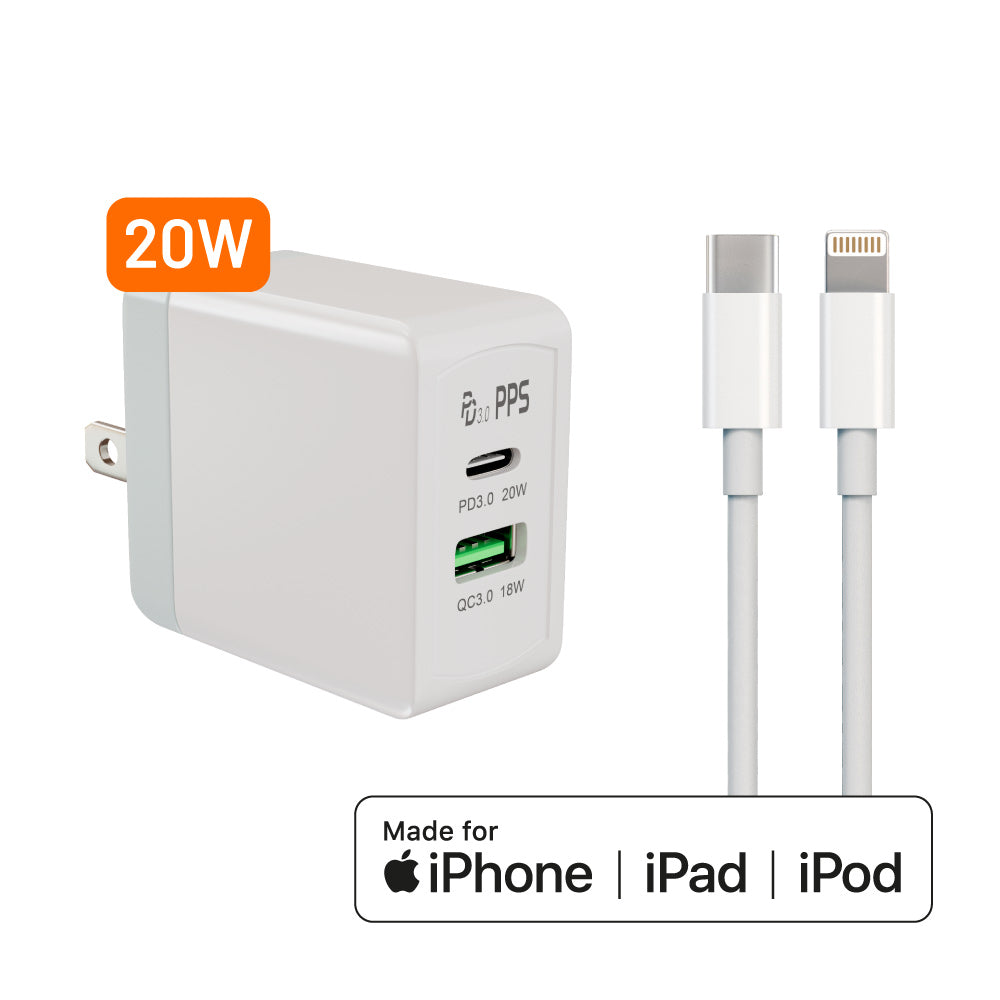 Certified Type C to Lightning Cable + Dual USBA/C 20W Wall Adapter Combo