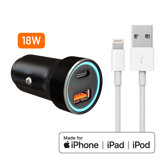 Certified Lightning Cable + Dual USBA/C 18W Car Adapter Combo